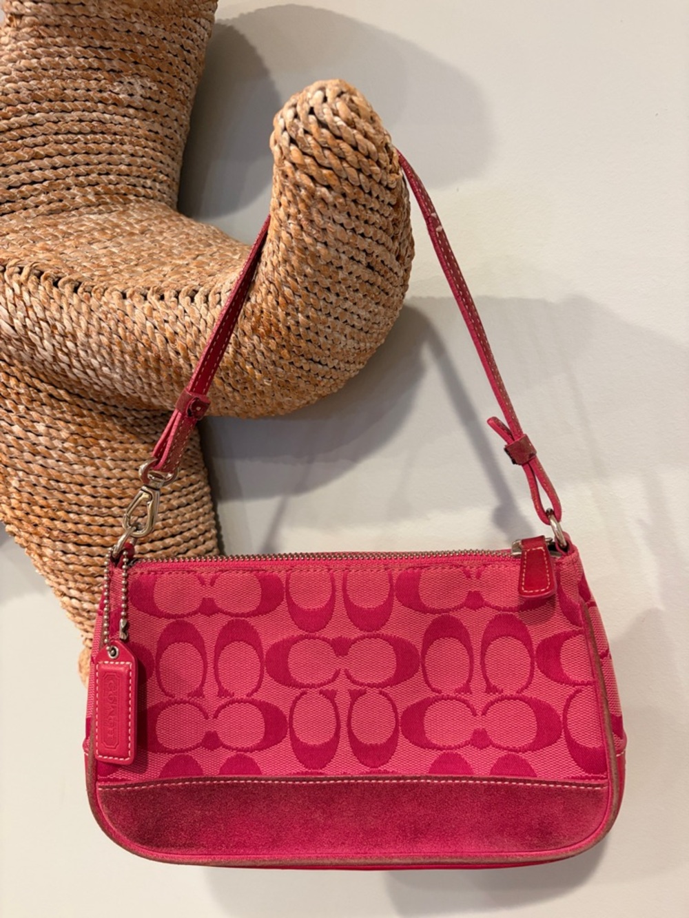 Coach Pink Signature Canvas Shoulder Bag with Suede Trim